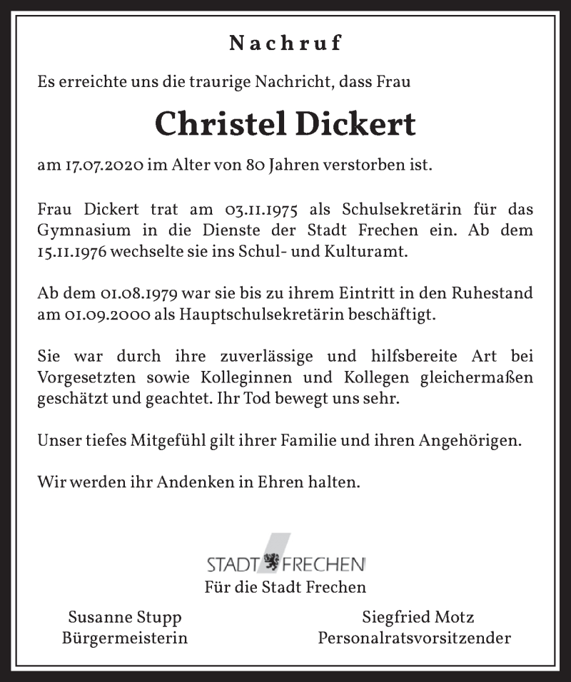  Traueranzeige für Christel Dickert vom 21.08.2020 aus  Wochenende 