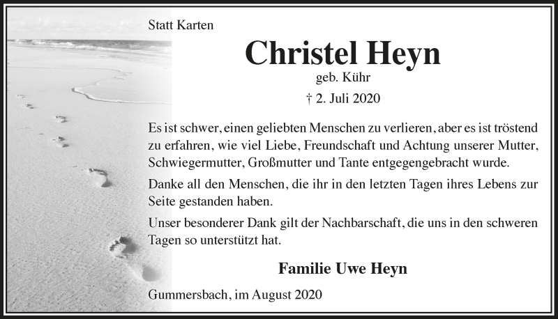  Traueranzeige für Christel Heyn vom 07.08.2020 aus  Anzeigen Echo 