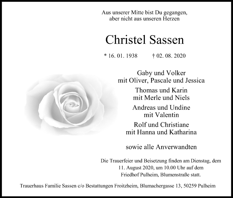  Traueranzeige für Christel Sassen vom 08.08.2020 aus Kölner Stadt-Anzeiger / Kölnische Rundschau / Express