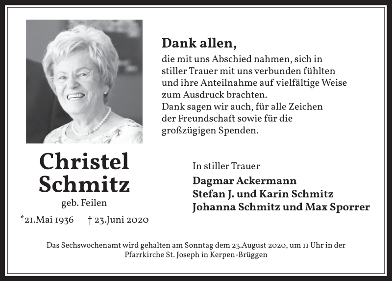  Traueranzeige für Christel Schmitz vom 21.08.2020 aus  Werbepost 