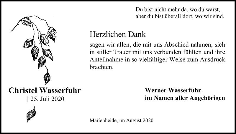  Traueranzeige für Christel Wasserfuhr vom 22.08.2020 aus Kölner Stadt-Anzeiger / Kölnische Rundschau / Express
