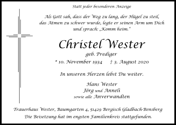 Anzeige von Christel Wester von Kölner Stadt-Anzeiger / Kölnische Rundschau / Express