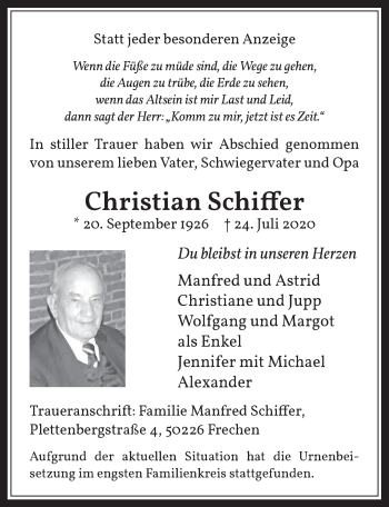 Anzeige von Christian Schiffer von  Wochenende 
