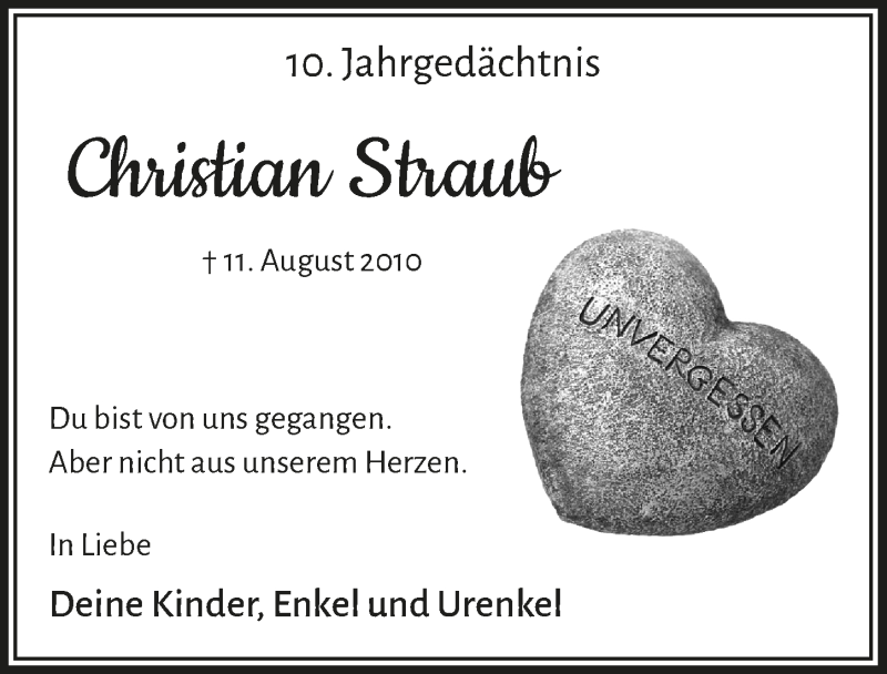  Traueranzeige für Christian Straub vom 07.08.2020 aus  Lokalanzeiger 