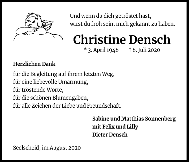  Traueranzeige für Christine Densch vom 08.08.2020 aus Kölner Stadt-Anzeiger / Kölnische Rundschau / Express