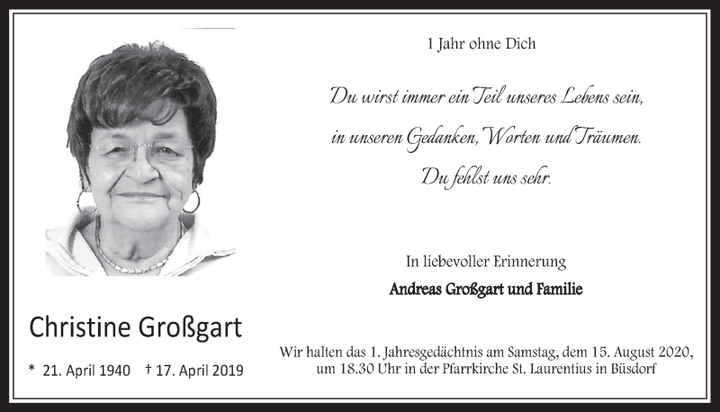 Traueranzeige für Christine Großgart vom 07.08.2020 aus  Werbepost 