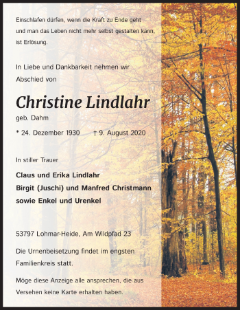 Anzeige von Christine Lindlahr von Kölner Stadt-Anzeiger / Kölnische Rundschau / Express