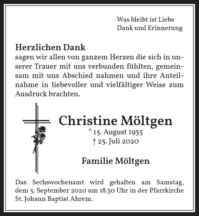  Traueranzeige für Christine Möltgen vom 28.08.2020 aus  Werbepost 