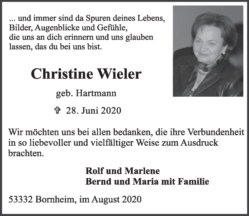  Traueranzeige für Christine Wieler vom 07.08.2020 aus  Schaufenster/Blickpunkt  Schlossbote/Werbekurier 