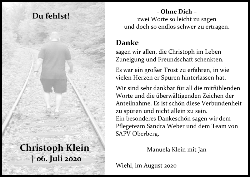  Traueranzeige für Christoph Klein vom 22.08.2020 aus Kölner Stadt-Anzeiger / Kölnische Rundschau / Express