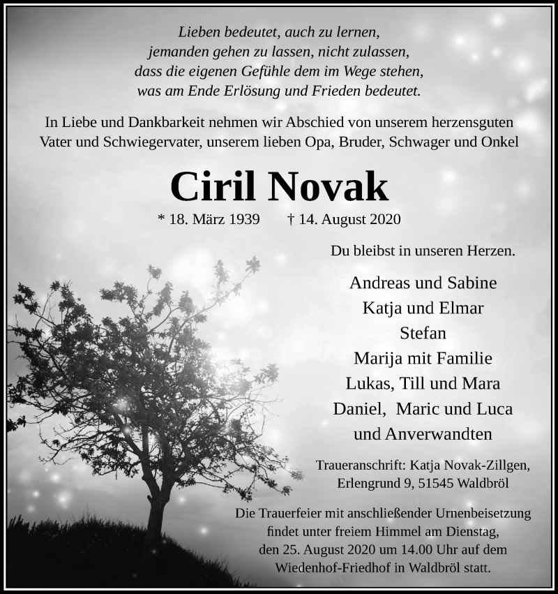  Traueranzeige für Ciril Novak vom 22.08.2020 aus Kölner Stadt-Anzeiger / Kölnische Rundschau / Express