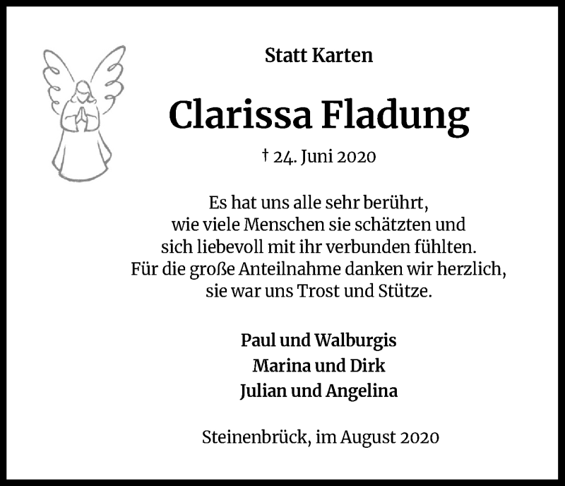  Traueranzeige für Clarissa Fladung vom 08.08.2020 aus Kölner Stadt-Anzeiger / Kölnische Rundschau / Express