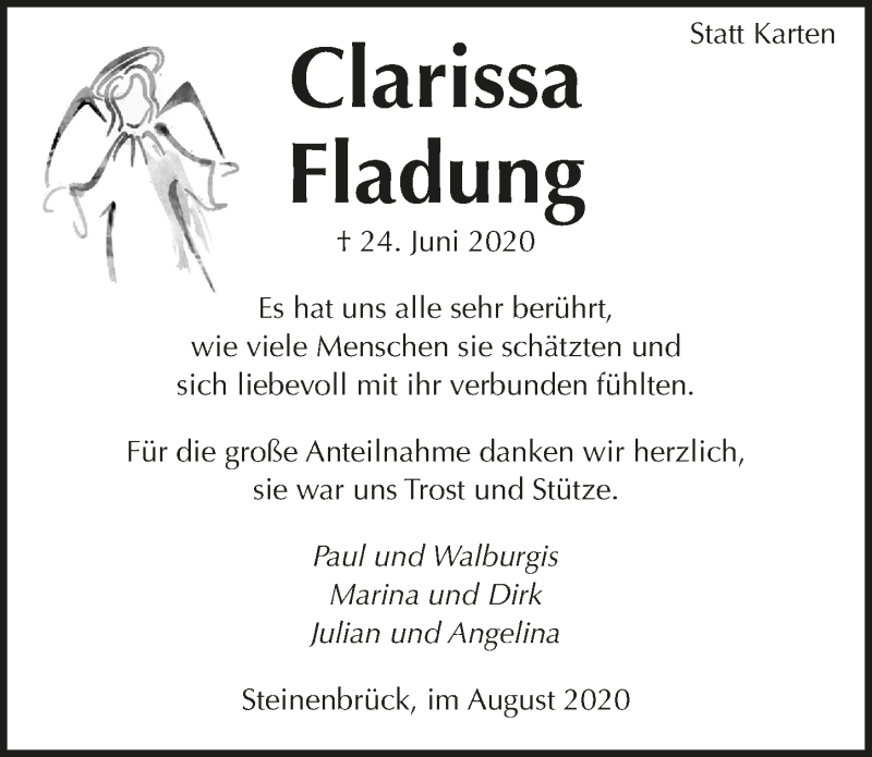 Traueranzeige für Clarissa Fladung vom 07.08.2020 aus  Bergisches Handelsblatt 