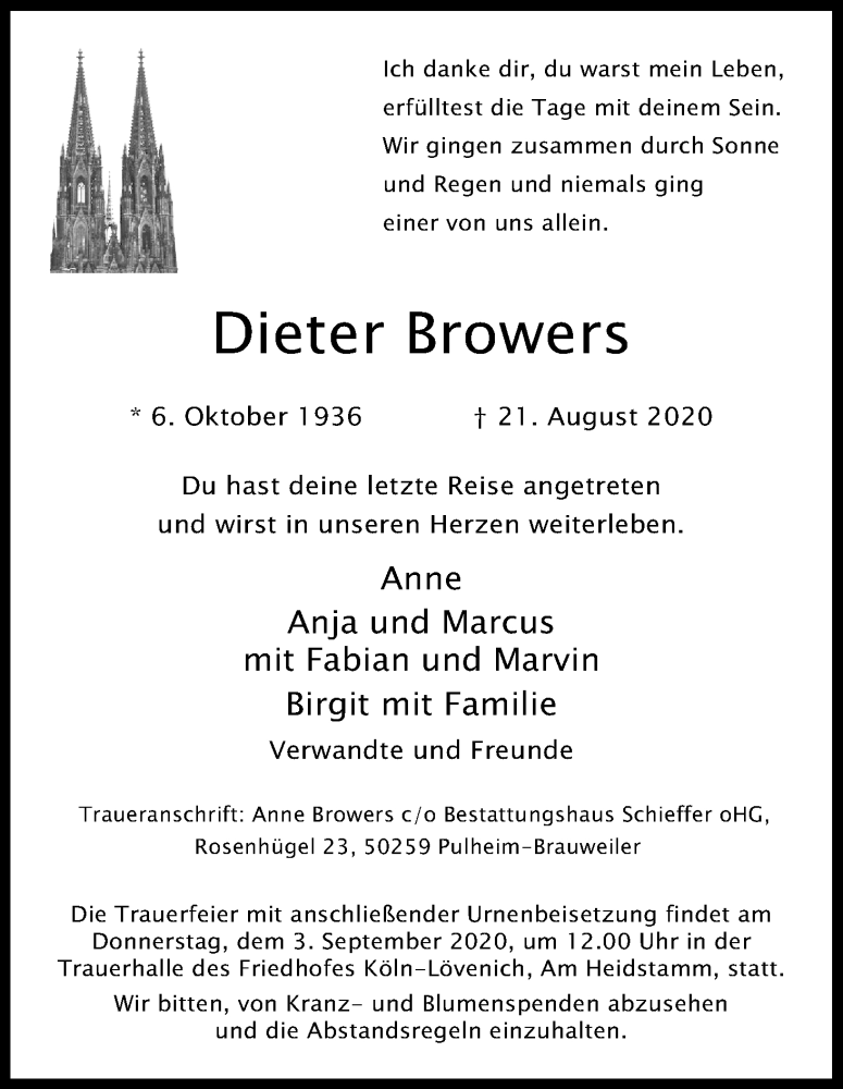  Traueranzeige für Dieter Browers vom 29.08.2020 aus Kölner Stadt-Anzeiger / Kölnische Rundschau / Express
