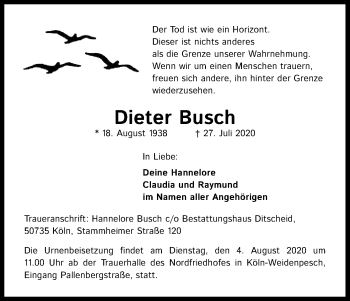 Anzeige von Dieter Busch von Kölner Stadt-Anzeiger / Kölnische Rundschau / Express