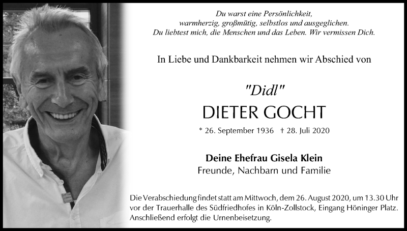  Traueranzeige für Dieter Gocht vom 08.08.2020 aus Kölner Stadt-Anzeiger / Kölnische Rundschau / Express