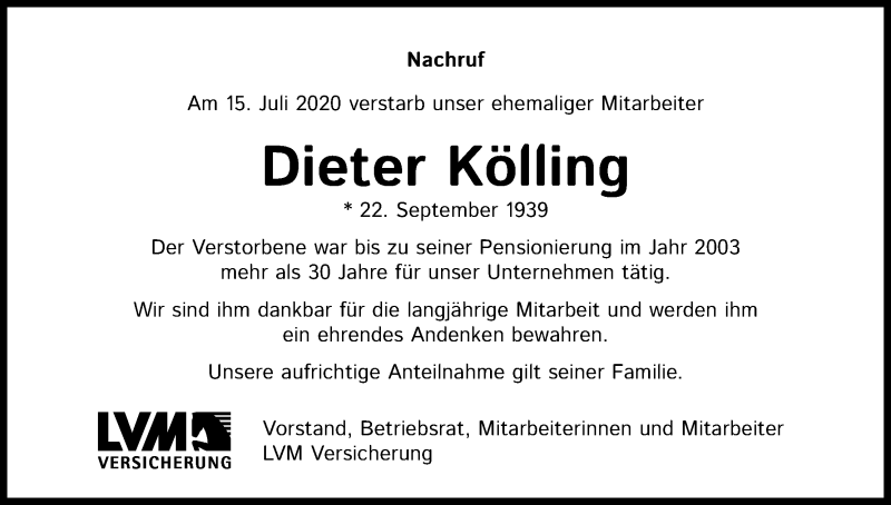  Traueranzeige für Dieter Kölling vom 08.08.2020 aus Kölner Stadt-Anzeiger / Kölnische Rundschau / Express