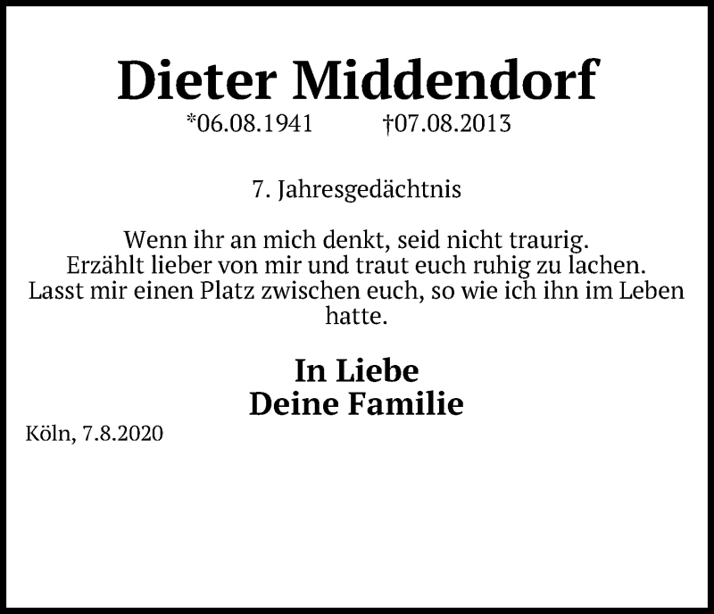  Traueranzeige für Dieter Middendorf vom 18.07.2023 aus Kölner Stadt-Anzeiger / Kölnische Rundschau / Express