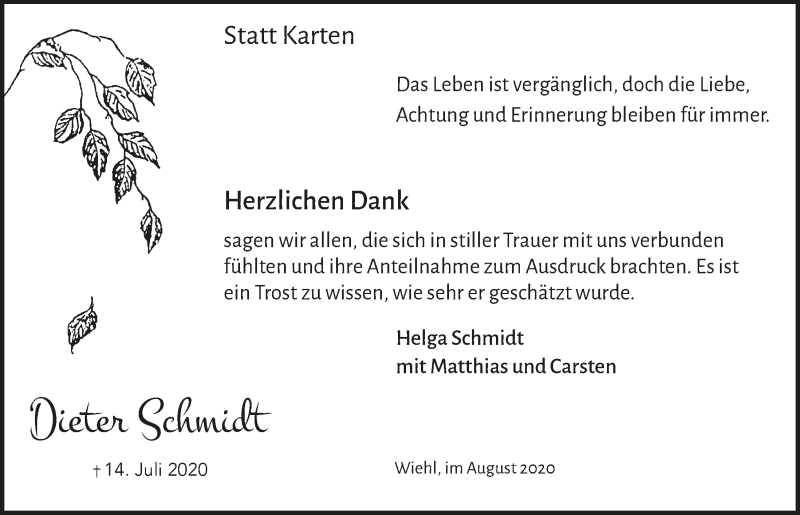  Traueranzeige für Dieter Schmidt vom 28.08.2020 aus  Anzeigen Echo 