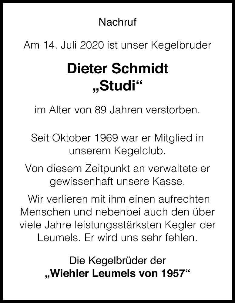  Traueranzeige für Dieter Schmidt vom 05.08.2020 aus Kölner Stadt-Anzeiger / Kölnische Rundschau / Express