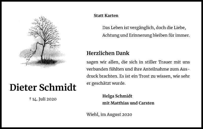  Traueranzeige für Dieter Schmidt vom 29.08.2020 aus Kölner Stadt-Anzeiger / Kölnische Rundschau / Express