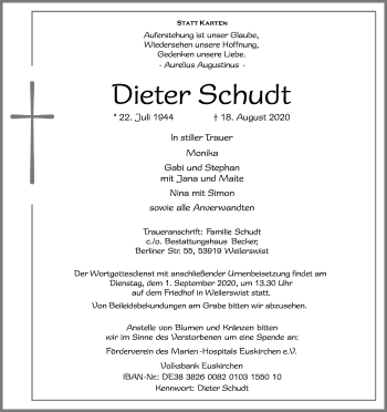 Anzeige von Dieter Schudt von Kölner Stadt-Anzeiger / Kölnische Rundschau / Express