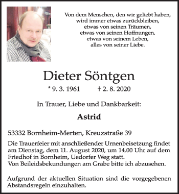 Anzeige von Dieter Söntgen von  Schlossbote/Werbekurier 