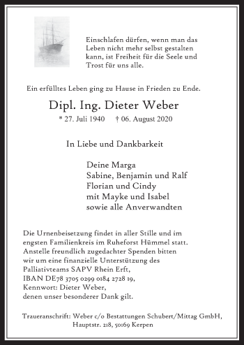Anzeige von Dieter Weber von  Wochenende 