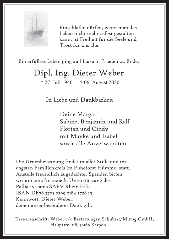  Traueranzeige für Dieter Weber vom 14.08.2020 aus  Wochenende 