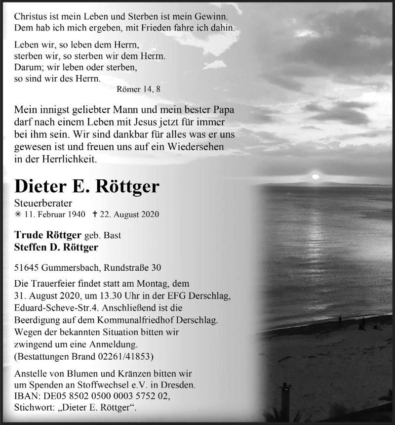  Traueranzeige für Dieter E. Röttger vom 28.08.2020 aus  Anzeigen Echo 