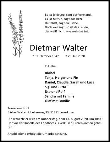 Anzeige von Dietmar Walter von Kölner Stadt-Anzeiger / Kölnische Rundschau / Express