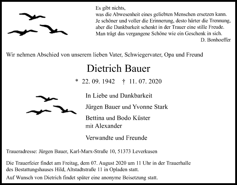  Traueranzeige für Dietrich Bauer vom 01.08.2020 aus Kölner Stadt-Anzeiger / Kölnische Rundschau / Express