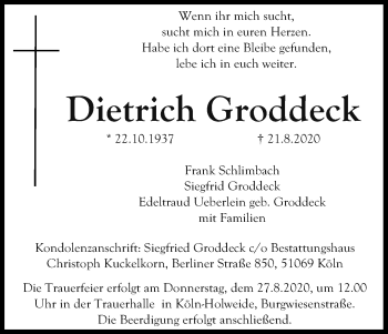 Anzeige von Dietrich Groddeck von Kölner Stadt-Anzeiger / Kölnische Rundschau / Express