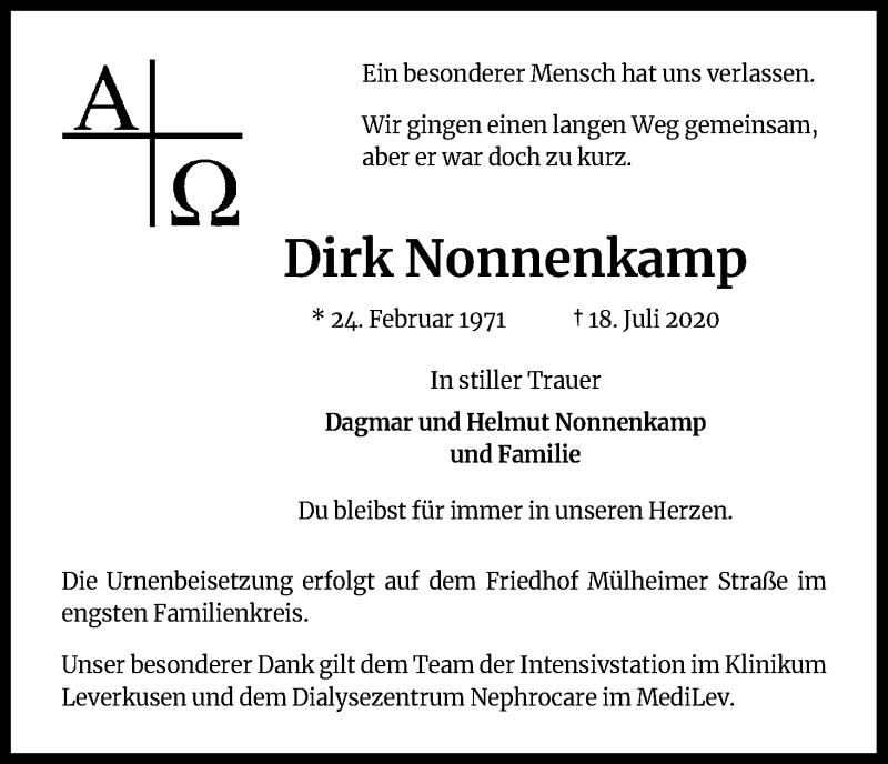  Traueranzeige für Dirk Nonnenkamp vom 01.08.2020 aus Kölner Stadt-Anzeiger / Kölnische Rundschau / Express