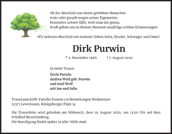 Anzeige von Dirk Purwin von Kölner Stadt-Anzeiger / Kölnische Rundschau / Express