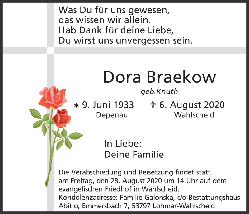  Traueranzeige für Dora Braekow vom 22.08.2020 aus Kölner Stadt-Anzeiger / Kölnische Rundschau / Express