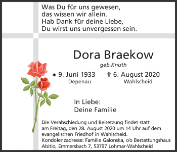 Anzeige von Dora Braekow von Kölner Stadt-Anzeiger / Kölnische Rundschau / Express