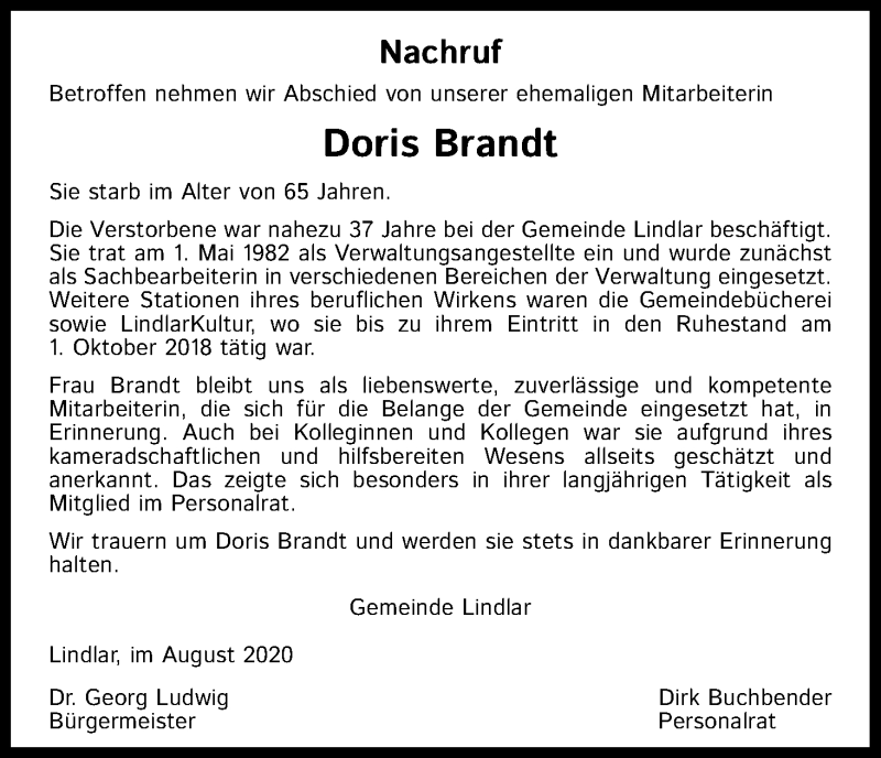  Traueranzeige für Doris Brandt vom 12.08.2020 aus Kölner Stadt-Anzeiger / Kölnische Rundschau / Express