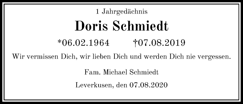  Traueranzeige für Doris Schmiedt vom 08.08.2020 aus Kölner Stadt-Anzeiger / Kölnische Rundschau / Express