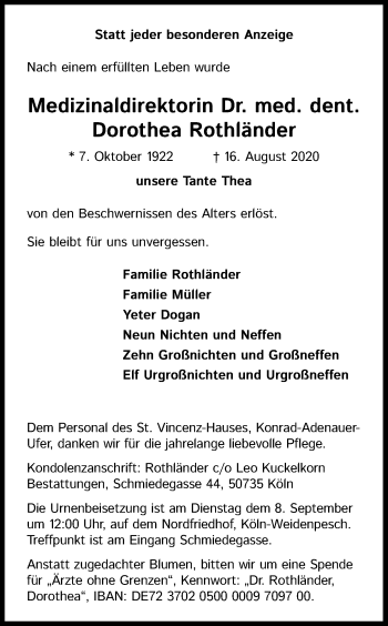 Anzeige von Dorothea Rothländer von Kölner Stadt-Anzeiger / Kölnische Rundschau / Express