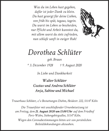 Anzeige von Dorothea Schlüter von  Kölner Wochenspiegel 