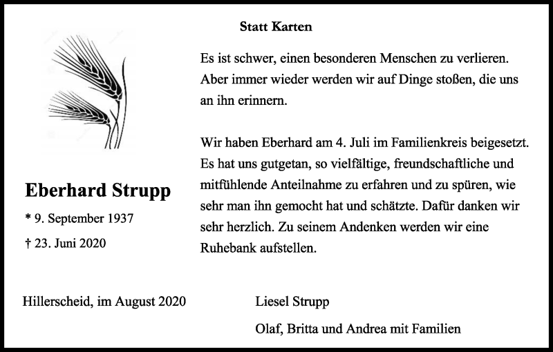  Traueranzeige für Eberhard Strupp vom 08.08.2020 aus Kölner Stadt-Anzeiger / Kölnische Rundschau / Express