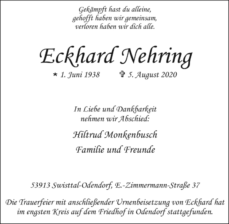  Traueranzeige für Eckhard Nehring vom 14.08.2020 aus  Schaufenster/Blickpunkt 