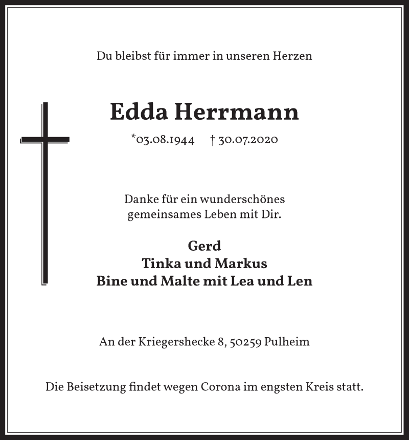  Traueranzeige für Edda Herrmann vom 07.08.2020 aus  Wochenende 
