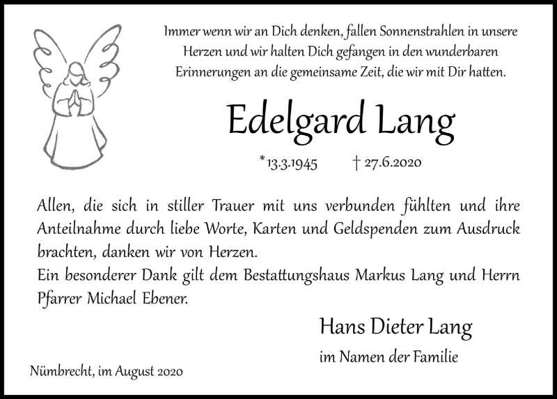  Traueranzeige für Edelgard Lang vom 07.08.2020 aus  Lokalanzeiger 