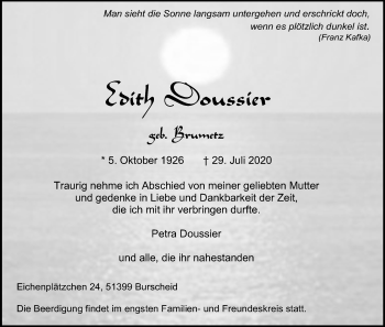 Anzeige von Edith Doussier von Kölner Stadt-Anzeiger / Kölnische Rundschau / Express
