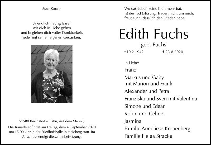  Traueranzeige für Edith Fuchs vom 29.08.2020 aus Kölner Stadt-Anzeiger / Kölnische Rundschau / Express