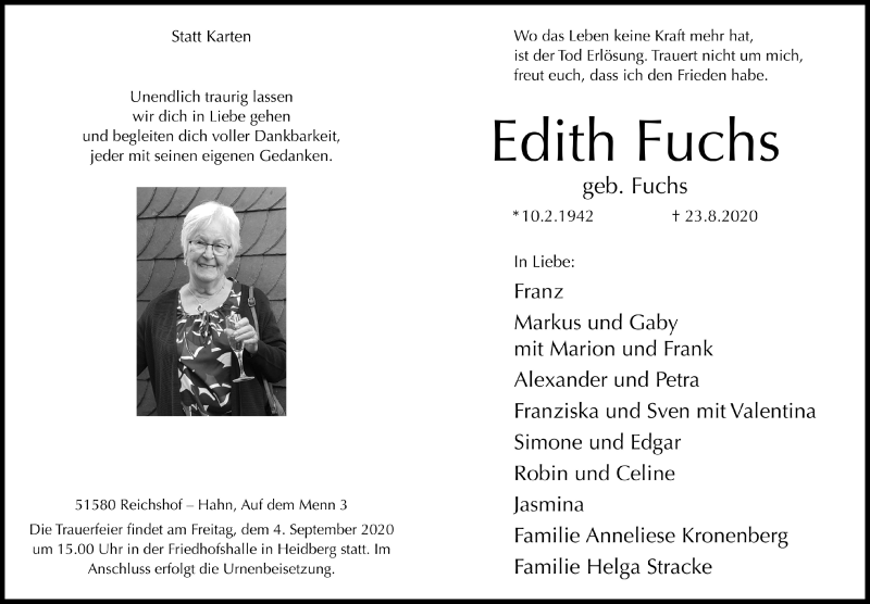  Traueranzeige für Edith Fuchs vom 28.08.2020 aus  Lokalanzeiger 