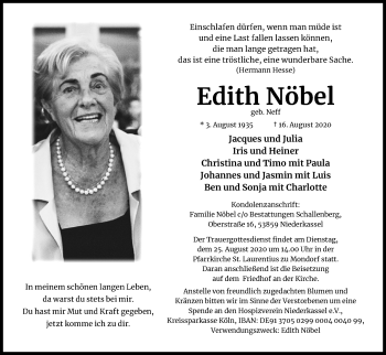 Anzeige von Edith Nöbel von Kölner Stadt-Anzeiger / Kölnische Rundschau / Express