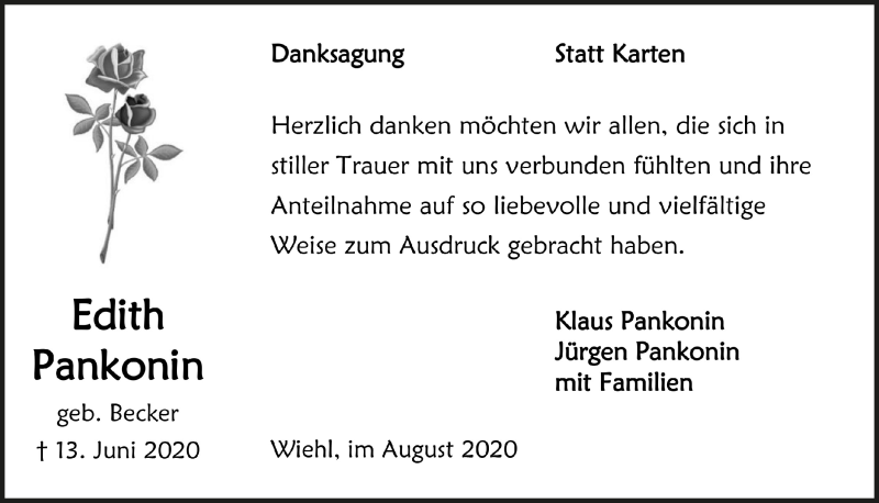  Traueranzeige für Edith Pankonin vom 21.08.2020 aus  Anzeigen Echo 